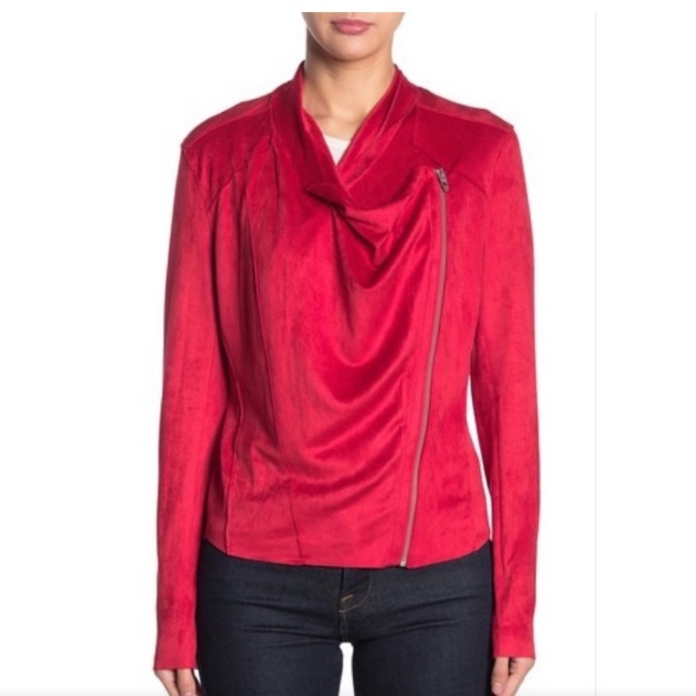 NWT BLANK NYC RED VEGAN FAUX LEATHER DRAPED ASYMMETRICAL MOTO STYLE JACKET - Picture 2 of 10